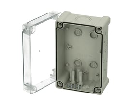 Fibox Tempo TPCM191209T el-kasse på 187 x 122 x 90 mm med transparent dæksel, vist åbnet med dækslet ved siden af.