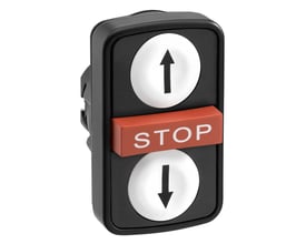 Schneider Electric Harmony XB5 trykknap med op- og ned-pile samt STOP-knap i rød plast med hvide symboler.