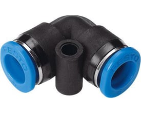 Festo vinkel-stikforbindelse QSML-3 i sort plast med blå indstik til 1,7 mm rør, synlig fra siden.
