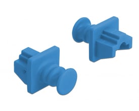 To blå Delock støvhætter til RJ45 hunstik, vist fra forskellige vinkler på en hvid baggrund.