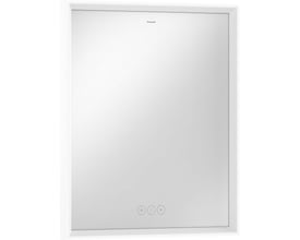 Frontbillede af Hansgrohe Xarita E spejlet i hvid ramme, med diskrete symboler til lysstyring og Hansgrohe logo.