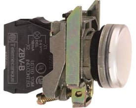 Schneider Electric hvid LED signallampe XB4, 24VACDC, med en 22mm monteringsdiameter og ZBV-B mærkning på bagsiden.