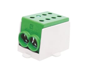 HLAK Klemme 70-1/2 i grøn og hvid, med plads til 2x70mm2 ledere og logo.