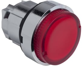 Rødt lampetrykhoved ZB4BW14 fra Schneider Electric med Krom-finish og integreret rød LED for Harmony Style 4 systemet.
