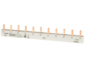 Siemens PIN-skinne 5ST3 667 med 10 mm² tværsnit og 11 kobberstik på hvid baggrund.