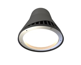Underside af Ansell Lighting Deco HB2 PC pendel med kraftigt lys og detaljeret refraktor, monteringsskruer synlige.