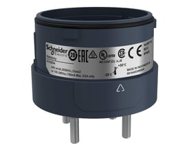 Detaljeret billede af Schneider Electric XVU-lystårn, mørkegrå, med mærkat der viser Harmony XVUZ04, tekniske specifikationer og godkendelser.