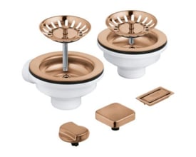 GROHE bundventil til køkkenvask i børstet warm sunset kobberfarve, komplet med to sifoner, siler og forskellige dæksler.