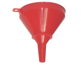 Kabi tragt, 1215, rød, vist fra siden, med en fuld diameter på 150 mm og en udløbsdiameter på 15 mm.