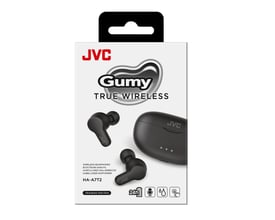 JVC Gumy True Wireless Earbuds, HA-A7T2, præsenteret i sort emballage med produktillustrationer og tekniske symboler.