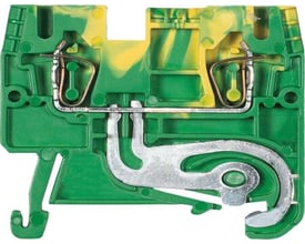 Wieland WKFN 2,5SL/35 jordklemme med gul/grøn farve og TS35-fod til 2,5mm² ledere.