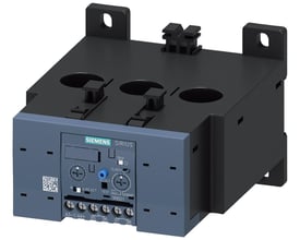 Siemens SIRIUS overbelastningsrelæ 3RB21, størrelse S6, justerbart fra 50-200A med klokkeslæts-symboler til indstilling og reset funktioner.