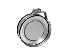 Lindab motorspjæld DTBU, 125mm, set bagfra med fokus på spjældbladet og den monterede 24V motor.