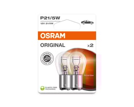 OSRAM ORIGINAL P21/5W signalpærer i pakke med 2 stk. til 12V og BAY15D sokkel, viser de to pærer i gennemsigtig emballage.
