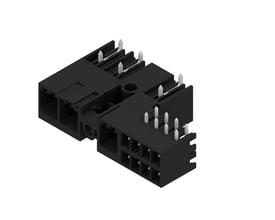 Weidmüller-hybridstik til printplade med tre poler og 7,62 mm afstand, set skråt ovenfra med synlige metalstifter.
