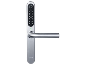Zafe T-Lock Scandi er en smal dørlås på 39 mm med fysiske knapper og rustfrit udtryk, vist forfra med greb.