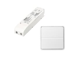 Jumitech trådløs LED-driver på 35W til 24V LED, sammen med et hvidt trådløst 2-tryks kontrolpanel på isoleret hvid baggrund.