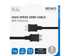 Emballage med Deltaco sort 7 meter HDMI-kabel, HDMI-stik og markeringer for 4K, 30 Hz og Ethernet.