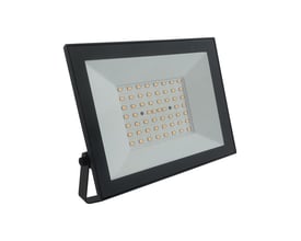 V-TAC 50W LED projektør i sort aluminium med synlige LED'er og justerbar stander, vist på hvid baggrund.