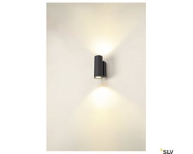 SLV Enola Round Up/Down S udendørs LED-væglampe i antracit lyser op og ned fra sin cylinderform på væggen.