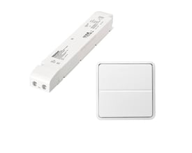 Jumitech trådløs LED-driver LC100W/24V BDV SC og et parret 2-tryk hvid med horisontal opdeling.