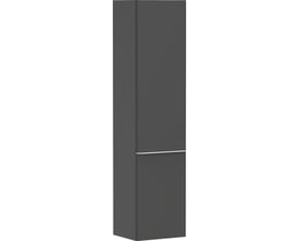 Detaljeret gengivelse af Hansgrohe Xelu Q højskabet i mat diamantgrå med et slankt sølvfarvet greb på den nederste låge.