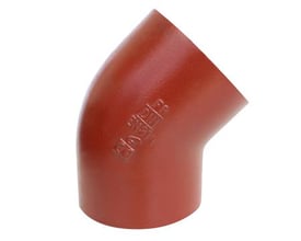 Preis & Co SML bøjning med 50mm diameter og 45 graders vinkel, vist på hvid baggrund. Bøjningen har synlige prægninger med produktinformation.