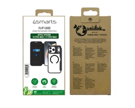 Emballagen til 4smarts Urban Pro flipcase viser det sorte cover til iPhone 18 Pro Max og 17 Pro Max.