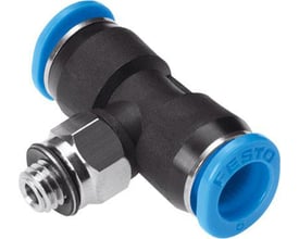 Festo T-forskruning QSMT-M5-6 i sort plast med blå push-in tilslutninger og M5 udvendigt gevind.