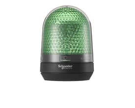 Schneider Electric grøn signallampe Ø100, fremstillet af robust materiale med en klar kuppel og mørk base, fremviser indbygget LED-lys.