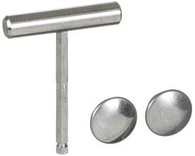 Lauritz Knudsen T-nøgle til måler- og flugtvejsskabe, lavet af metal og komplet med to runde låseknapper.