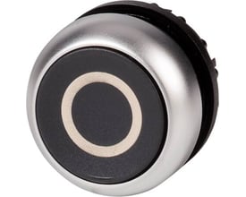 Eaton trykknap M22-D-S med sort, plant tryk og lys ring, med et poleret metalhus.