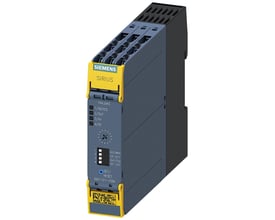 Siemens SIRIUS 3SK1 sikkerhedsrelæ i mørkegrå med gule beskyttelsesklips. Relæet har skrueterminaler og tydelig mærkning for Failsafe, 1/Device, 2/Out, 3/IN, 4/SF samt SET/RESET-knap.