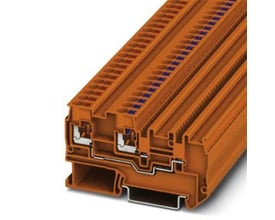Detaljeret snitbillede af Phoenix Contact PTIO-IN 2,5/3 klemmens interne opbygning med Push-in mekanismen i orange plast.