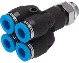 Festo multifordeler QSQ-G1/8-4 med fire blå udtag og en G1/8 gevindtilslutning i metal. Komponenten er sort med synlige metalringe.