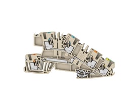 Weidmüller multi level-installationsklemme i mørk beige med 3 niveauer, vist i gennemskåret perspektiv med PUSH IN-kontakter.