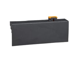 Schneider Electric klemmeafdækning til NG125 afbrydere, vist med en orange låsemekanisme og grå plast. Sættet indeholder to stk.