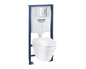 Grohe Solido OEM Ceramic hængetoilet fremstillet af hvid keramik med en robust blå stålmonteringsramme og indbygningscisterne.