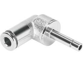 Festo vinkel-stikforbindelse NPQM-L-Q4-S4-P10, en push-in L-kobling med poleret metaloverflade og indsats for rør.