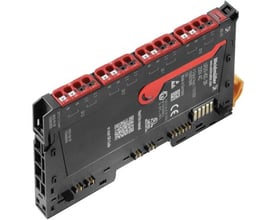 Weidmüller digital input modul UR20-4DI-2W-230V-AC med røde terminaler og grå kappe med mærkater og QR-kode.