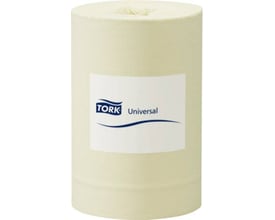 Tork Aftørringspapir Basic i gul farve, en stor rulle 20,5 cm bred og 115 meter lang, med Tork Universal logo.