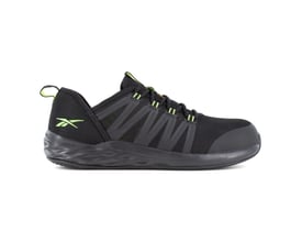Reebok Athletic Astroride S3/ESD sikkerhedssko i sort med neon detaljer og hvid baggrund.