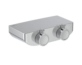 Frontbillede af Ideal Standard OX THM brusearmatur i krom med to greb, der viser den polerede messing og funktioner.