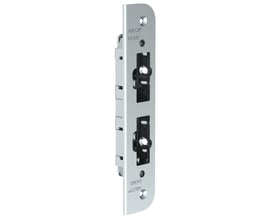 Assa Abloy EA342 sikkerhedsslutblik med lang sølvfarvet frontplade og to mørke låseåbninger, set skråt forfra.