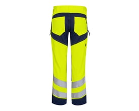 Bagfra af Engel stretch arbejdsbukser 2544 i High-Vis gul, str. 84, med mørkeblå baglommer og refleksbånd.