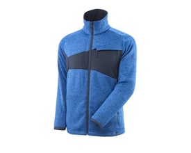 Mascot Accelerate striktrøje i azurblå med mørk marine detaljer og lynlåslommer, vist fra siden.