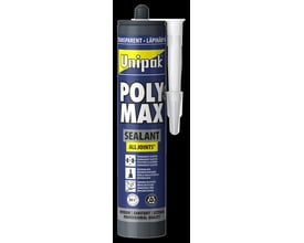 Unipak Poly Max Sealant transparent fugemasse på 300 g i mørk patron med hvid påsat dyse, set forfra.