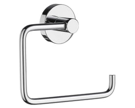 Smedbo Home toiletpapirholder i poleret krom og messing, 140 mm bred, med blank finish og skjult montage på hvid baggrund.