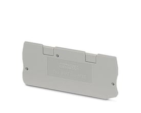 Phoenix Contact endeplade D-PT 2,5-MTB i grå plast til afslutning af rækkeklemmer, vist på hvid baggrund.