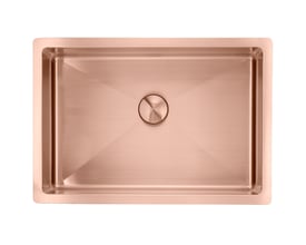 Lavabo Low håndvask i rustfrit stål med PVD-kobberoverflade, set ovenfra med firkantet kumme og bundventil.